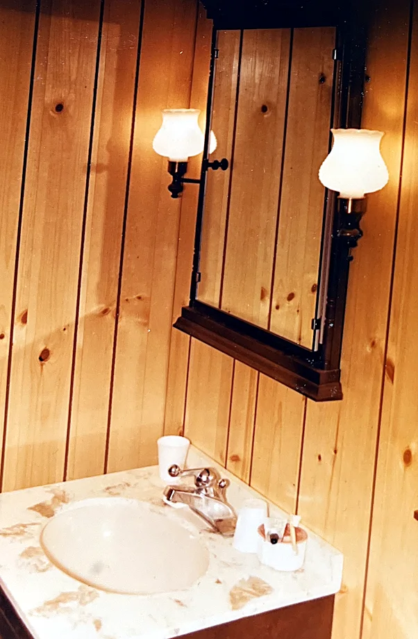 The original sink and vanity. See the worn spot about six inches up from the bottom-right corner of the mirror? There was a “secret” button…